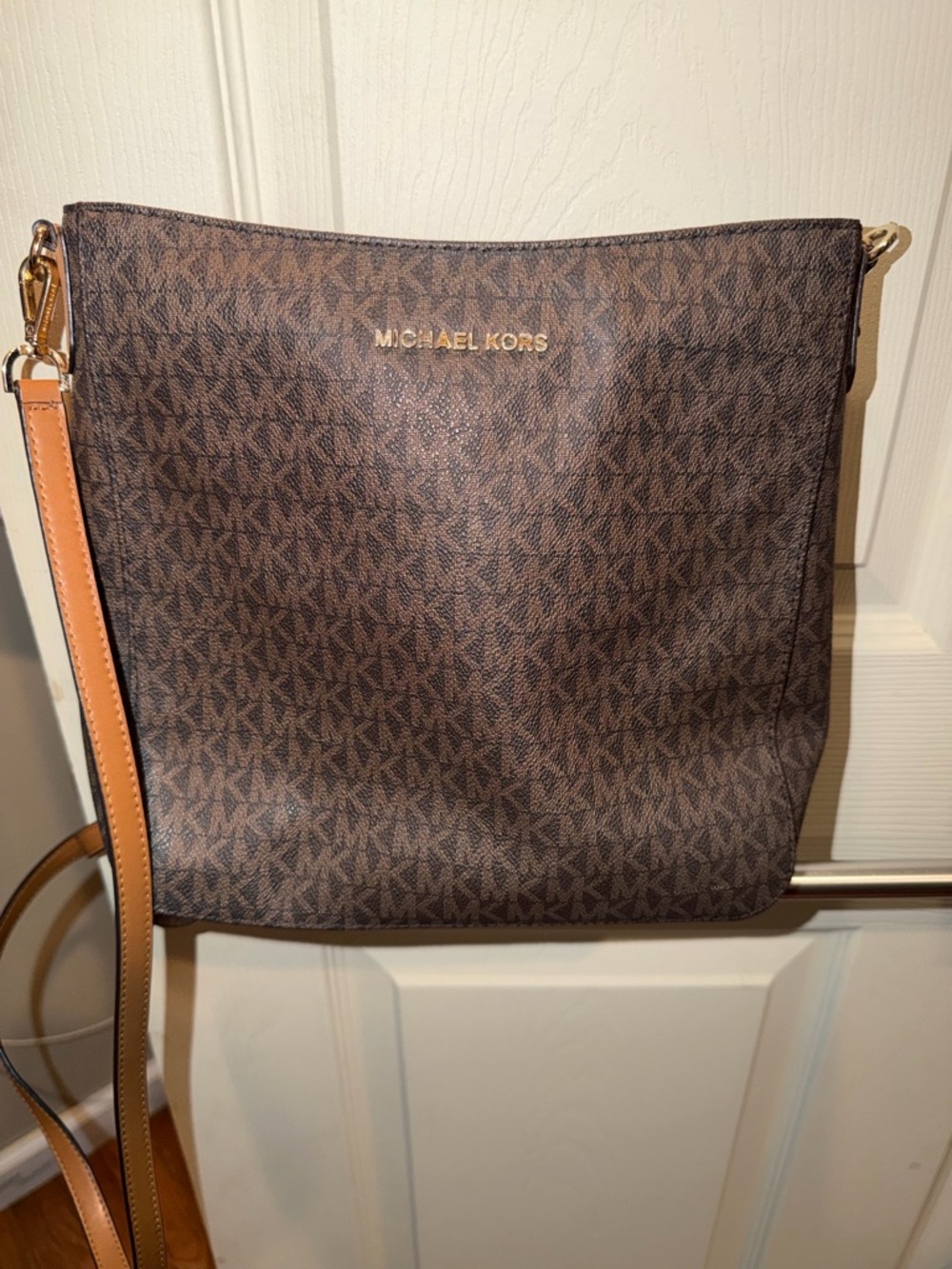 Michael Kors Brown Monogram Crossbody with Tan Strap